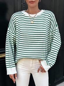 EURMUSE Striped Pattern Drop Shoulder Sweater - Green - View 3