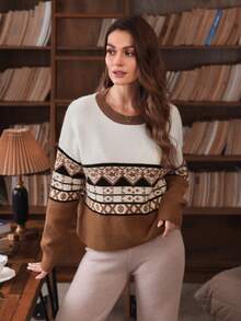 SHEIN Clasi Women's Casual Loose Fit Crew Neck Long Sleeve Jacquard Knit Sweater, Retro Fair Isle Pattern, Autumn/Winter - Camel - View 3