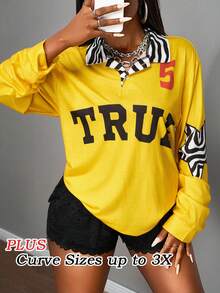 Slaydiva 新款夏季休闲街头运动风复古学院风POLO领翻领半开襟落肩长款斑马纹领TRUE英文印花5号斑马星图案姜黄色印花女式加大码T恤 - 黃色 - 查看 1