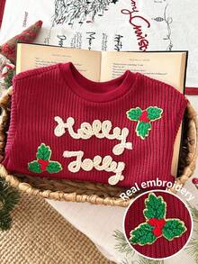 LMoss Kids LMoss 女婴字母圆领休闲圣诞卫衣，秋冬季，节日婴儿服装，婴儿圣诞卫衣，舒适的秋冬款式，圣诞节，冬季，圣诞毛衣 - 紅色 - 查看 1
