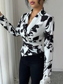 Elenzga Women's Elegant Floral Print Casual Commuter Belted Shirt, Autumn Cow Print