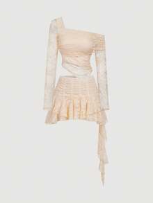 SHEIN MOD 女士蕾丝不对称领长袖上衣搭配荷叶边中长裙，时尚两件套，独特连衣裙，露肩设计，蕾丝连衣裙，褶皱连衣裙，秋冬季，圣诞节女装，新年装，感恩节女装，派对装，海滩装，优雅女士套装，白色两件套，波西米亚风，乡村音乐会装，外出装