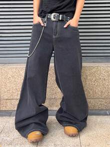 ROMWE MEN Grunge Punk Men's Loose Fit Wide Leg Jeans With Skull Embroidery Design - Dark Grey - View 3