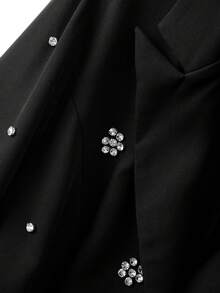 Elenzga Plus Size Women's Elegant Lapel 3/4 Sleeve Faux Pocket Bubble Pearl Floral Design Casual Fitted Blazer Jacket, Winter - Black - View 5