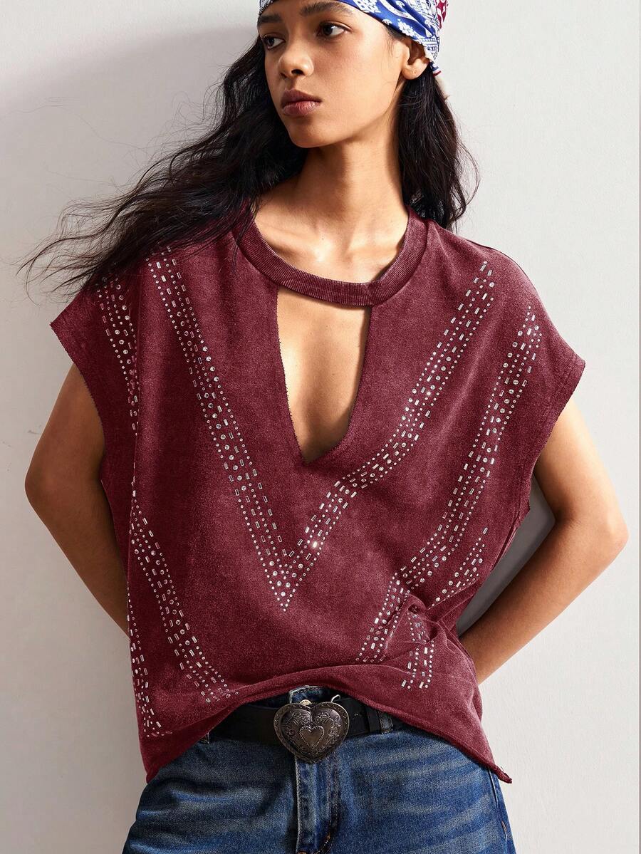 Bohemela 女式休闲水钻装饰锁孔领蝙蝠袖针织 T 恤 - 酒紅色 - 查看 1