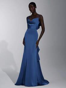 Elitara Elegant, Simple, Stylish, Green Knitted Halter Neck, Ruffled Hem, Open Back; Suitable For Formal Occasions, Wedding Guests, Wedding Festivals, Bridesmaid Dresses. - Dusty Blue - View 5