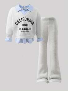 Sparklyn 年轻女孩宽松字母图案长袖休闲卫衣套装 - 灰色 - 查看 4