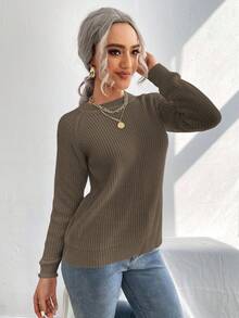 EMERY ROSE Solid Color Knotted Crew Neck Casual Versatile Long Sleeve Pullover Sweater - Mocha Brown - View 5