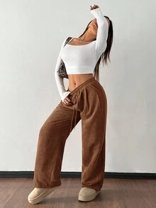 SHEIN PETITE 女款秋冬街頭時尚休閒復古燈芯絨紋理長褲，彈性腰寬鬆大廓形棕色女褲，秋季冬季 - 摩卡棕 - 查看 4