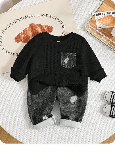 2pcs Baby Boy Vintage British Style Jacquard Knitted Thick Warm Sweatshirt And Jeans Pants Set, Casual Outfit Suitable For Home Or In Autumn/Winter