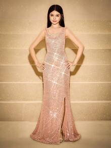 伴娘亮片无袖垂坠领高低开衩腰部连衣裙，适合婚礼、庆典、生日、圣诞节、万圣节 - 香檳色 - 查看 3