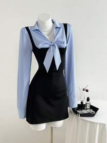 Elamini Women's Elegant Casual Commuter Versatile Autumn/Winter Dress, Black Waist Tie Bow Splice Colorblock Striped Long Sleeve Short Dress - Multicolor - View 5