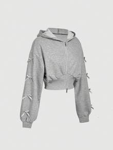 SHEIN MOD 女式蝴蝶结装饰连帽拉链长袖运动衫秋冬女装 - 淺灰色 - 查看 4