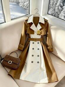 GlowEve Women's Fashion Casual Contrast Color Double-Breasted Belted Trench Coat