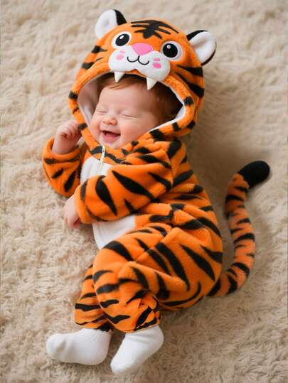 SHEIN Newborn Tiger Costume, Cute Tiger Plush 3D Embroidery Hat, Long Sleeve Jumpsuit With Tail, Infant Winter Outfit