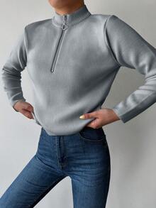 EURMUSE Women's Solid Color Half Zip Up Casual Pullover Sweater - Grey - View 3