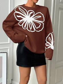 EURMUSE Women's Floral Embroidery Contrast Color Crew Neck Pullover Sweater, Autumn/Winter - Rust Brown - View 5