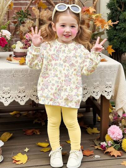 SHEIN Happikins Baby Girl Casual Vacation Cute Countryside Rabbit & Floral Print Knit Soft Thick Crew Neck Long Sleeve Sweatshirt And Leggings Set, Suitable For Autumn/Winter
