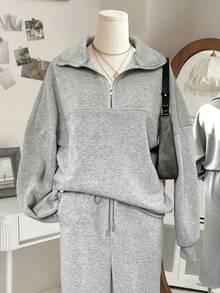 INAWLY 2 件套女士休闲方领半拉链运动衫和抽绳裤套装，宽松连帽衫和长裤运动服套装，冬季 - 淺灰色 - 查看 6