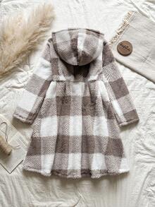 Vintaside Kids 少女冬季棕白格纹双面羊毛保暖连帽腰部 A 字中长连衣裙，时尚