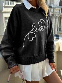 EURMUSE Suéter adorable de cuello redondo con bordado de patrón de corazón y formas de amor en color de contraste casual - Negro - Ver 5