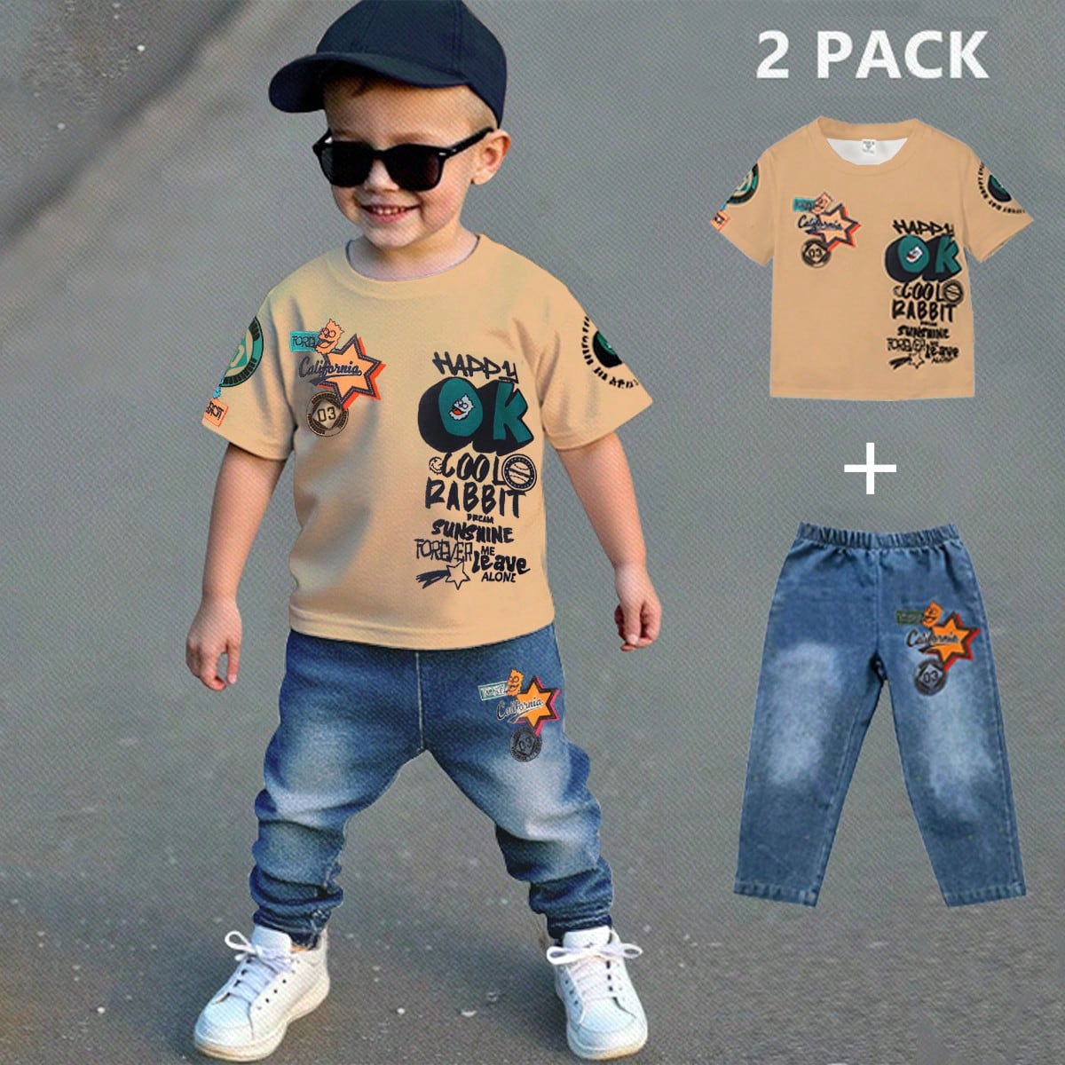 Set de 2 piezas de niño pequeño con camiseta de cuello redondo con estampado de rayas y jeans de mezclilla lavados. La camiseta con decoración de b