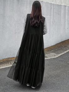 FRIFUL Váy suông rộng rãi xếp ly lưới màu đen trơn dành cho nữ, đa năng cho mùa thu/đông - màu đen - Xem 5