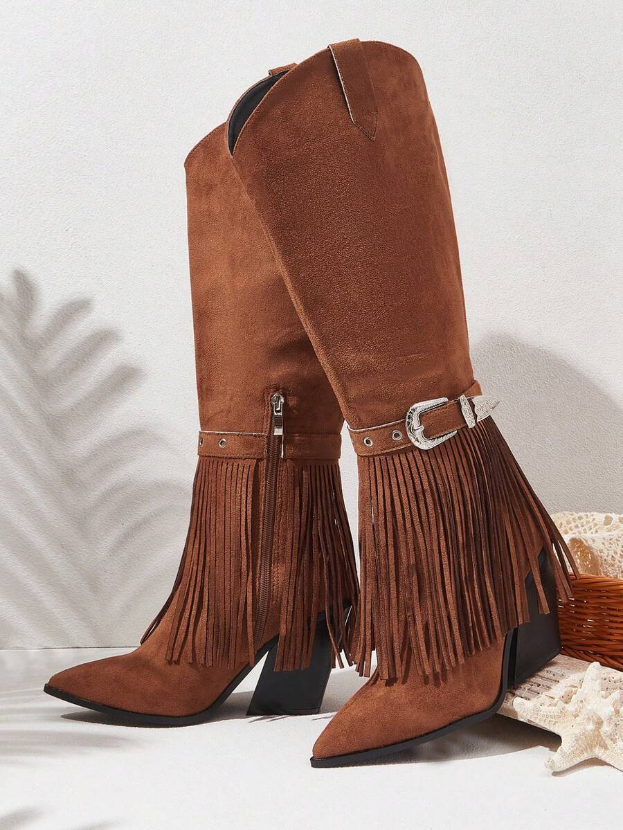 Styleloop Chocolate Brown Over-The-Knee Woven Boots, Suitable For Vacation, Boho, Western, And Music Festival Styles - Brown - View 1