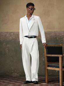 AKNOTIC 男士梭织休闲宽松长袖西装外套和直筒裤套装（2件套），婚礼 - 白色 - 查看 7