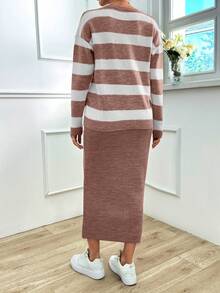 EURMUSE 2 件套女士圆领长袖条纹简约上衣和裙子套装 - 藕粉色 - 查看 2