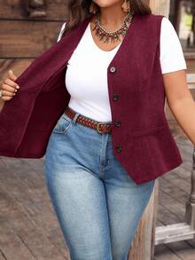 EMERY ROSE 大码女式西式纯色单排扣灯芯绒背心夹克，女士背心秋冬装 - 酒紅色 - 查看 7