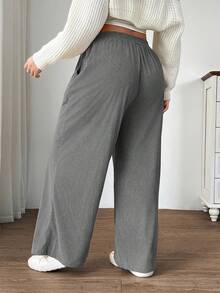 SHEIN EZwear Quần ống rộng cạp cao dáng rộng cỡ lớn dành cho nữ, vải nhung kẻ có túi và thiết kế miếng vá, phù hợp mặc ở trường học, mặc hàng ngày, làm việc trong nhà, màu xám nhạt, mùa thu/đông - Màu Xám nhạt - Xem 3