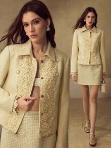 MOTF PREMIUM TWEED CONTRAST LACE OVERCOAT - Yellow - View 7