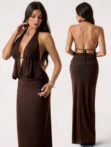 SHEIN Tall Women Elegant Plain Color Sexy Brown Halter Low Back Crop Top And Skirt Set,Elegant Outfits For Party,Wedding Guest Sets For Women,Party Outfit - Brown - View 1