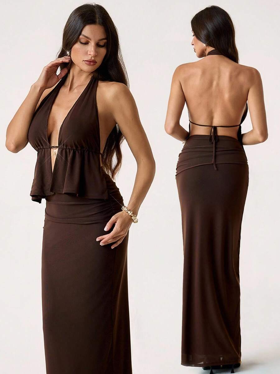 SHEIN Tall Women Elegant Plain Color Sexy Brown Halter Low Back Crop Top And Skirt Set,Elegant Outfits For Party,Wedding Guest Sets For Women,Party Outfit - Brown - View 1