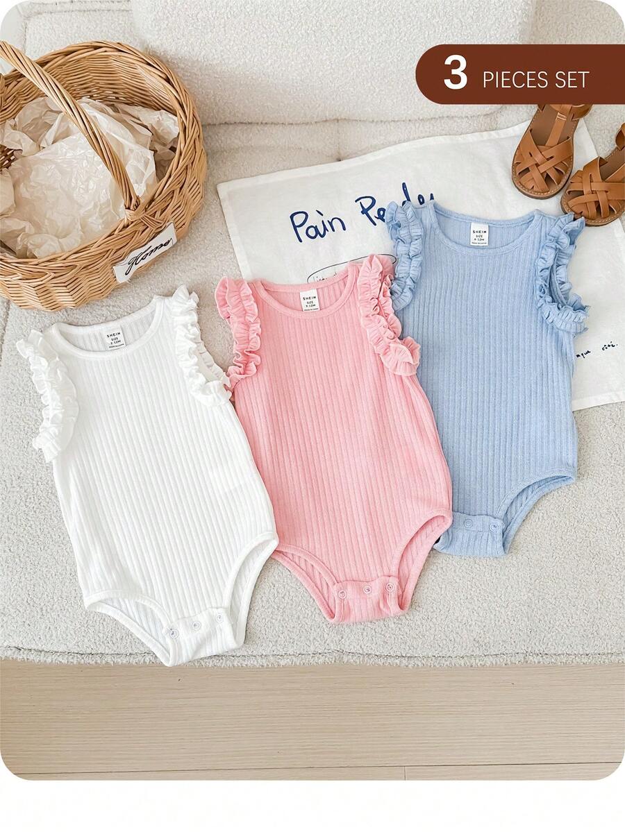 3pcs/Set Newborn Baby Girls Cute Solid Color Sleeveless Bodysuits, Summer - White - View 1