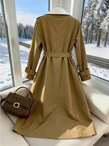GlowEve Women's Fashion Casual Contrast Color Double-Breasted Belted Trench Coat