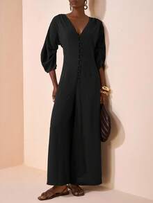 Zivah 2025 年秋季新款音乐节、复活节、圣帕特里克节、西部风、游牧风、生日派对、毕业典礼、学院风、学生装、日常休闲、百搭百搭、休闲、邮轮旅行、海滩、日光浴、病毒式传播、街头服饰、婚礼宾客波西米亚风、通勤、早午餐、机场、V 领 3/4 袖长款连体裤，采用棕色纹理褶皱面料，背部交叉设计 - 黑色 - 查看 6