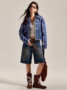 Easelle 女式花卉刺绣长袖拉链休闲牛仔夹克，秋季