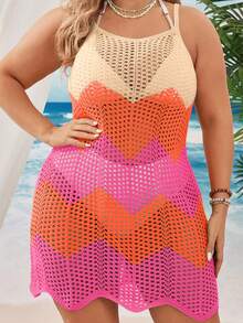 SHEIN Swim Vcay Váy len hở tay khoét lỗ màu tương phản cỡ lớn cho nữ - Nhiều màu - Xem 4