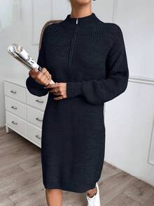 EURMUSE Women Plain Knit Design Knit Dress With Zipper Detail,Petite