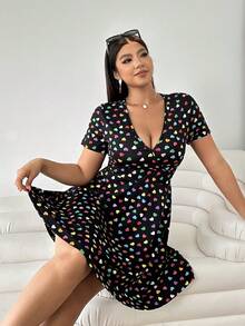 Solflare Valentine's Day Outfit, Colorful Heart Print V-Neck Plus Size Dress - Multicolor - View 4