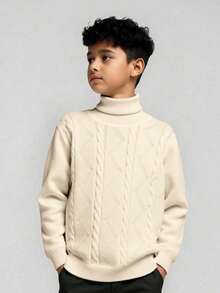 SHEIN Tween Boys' Casual Everyday Versatile Comfortable High Neck Long Sleeve Pullover Sweater Boy Cable Knit Sweater Boy Clothes Winter Boy Turtleneck Sweater Kids Knitwear