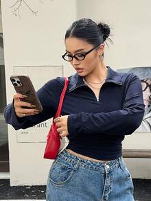 Dazy Plus 大码女式纯色弹力修身拉链领长袖 T 恤，春/秋 - 藏蓝色 - 查看 4