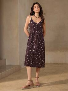 Wildy 女式碎花单排扣休闲无袖中长连衣裙，度假风格女式夏装