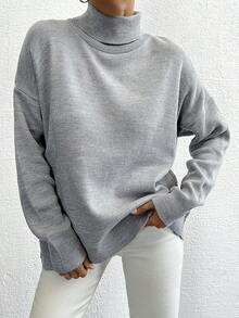 SHEIN Cottnline 女款純色寬鬆高領毛衣 - 淺灰色 - 查看 3