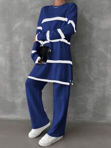 EURMUSE Women's Drop Shoulder Striped Sweater 2pcs/set - Blue - View 4