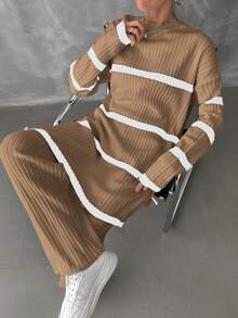 EURMUSE Của phụ nữ Sọc Thả vai Áo len Hai chiếc Bộ - Lạc đà - Xem 4