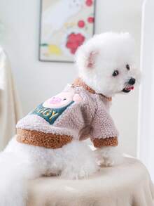 PETSIN 1件宠物秋冬服装，可爱刺绣猪卡通图案猫狗衣服，秋冬季加厚保暖开衫外套 - 粉豬 - 查看 4