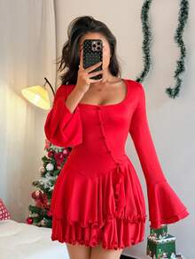 SHEIN Unity Women's Solid Color Flare Sleeve Ruffle Hem Sexy Fashion Safety Shorts Single-Breasted Elegant Party Dress - Red - View 1